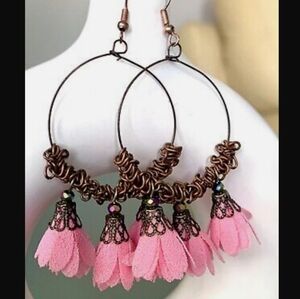 Pink Delicate Flowers Hoop Drop Earrings